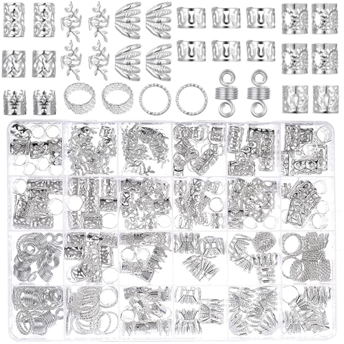 DOPENSPI 290 Stück Silber Dreadlocks Schmuck für Männer Frauen, Wikinger Haarschmuck Festival Metall Braids Schmuck Haarringe Cuffs Haarperlen für Zöpfe Braids Zubehör Dekoration(Silber) von YUXMU