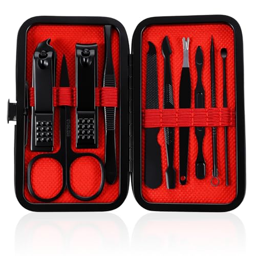 YUXMU 10 in 1 Maniküre Set mit Ledertasche, Nagelknipser Kit Professionelle Edelstahl Nagelknipser Kit Pediküre Nagelset Nagelpflegeset Fingernagel Pflege Set für Männer Frauen(Rot) von YUXMU