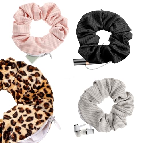 YUXMU 4 Stück Haargummi mit Reißverschluss, Leopardenmuster Scrunchies Haargummi Weich Elastisch Pferdeschwanzhalter Haar Accessoires mit Versteckter Tasche für Damen Frauen Mädchen von YUXMU