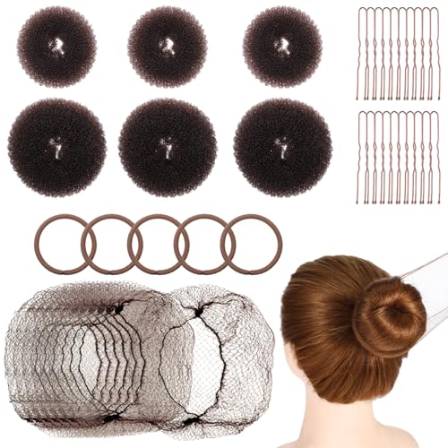 YUXMU 41 Stück Duttkissen Haar Donut, Hair Bun Maker Set 6 Stück Klein Groß Haarband 10 Unsichtbares Haarnetz 20 U-Form Haarspange und 5 Braunes Gummiband Haardonut für Kinder Frauen von YUXMU