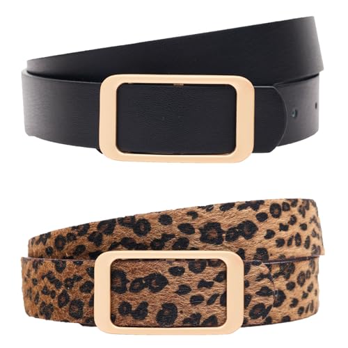 YUYANGDZI 2 Stück Damen Leder Gürtel für Jeans Hosen Kleider Schwarz und Leopardenmuster, Austauschbar Goldschnalle 3 cm Breite (Schwarz + Leopardenmuster,M 110cm:Für Taille 70–97 cm) von YUYANGDZI