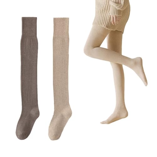 YUYANGDZI 2 Paar Verdickte und Plüschige Overknees Strümpfe für Damen, Woll-Thermo-Overknee-Socken, Oberschenkelhohe Socken, Lange Wärmere Kniestrümpfe (Dunkelbraun + Khaki) von YUYANGDZI