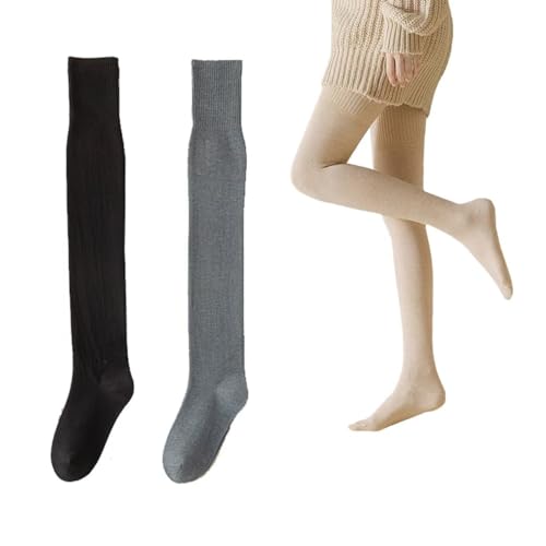 YUYANGDZI 2 Paar Verdickte und Plüschige Overknees Strümpfe für Damen, Woll-Thermo-Overknee-Socken, Oberschenkelhohe Socken, Lange Wärmere Kniestrümpfe (Schwarz + Grau) von YUYANGDZI