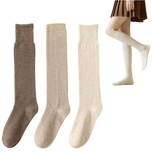 YUYANGDZI 3 Paar Warme Kniestrümpfe Damen aus Wolle, Bequeme Slouch Socks Thermosocken Stricksocken Wintersocken für Damen EU 39-42 (1 Paar Dunkelbraun + 1 Paar Khaki + 1 Paar Creme) von YUYANGDZI