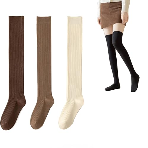 YUYANGDZI 3 Paar Overknees Strümpfe Woll für Damen, Thermo-Overknee-Socken, Oberschenkelhohe Socken, Lange Wärmere Kniestrümpfe (1 Paar Dunkelbraun + 1 Paar Khaki + 1 Paar Creme) von YUYANGDZI