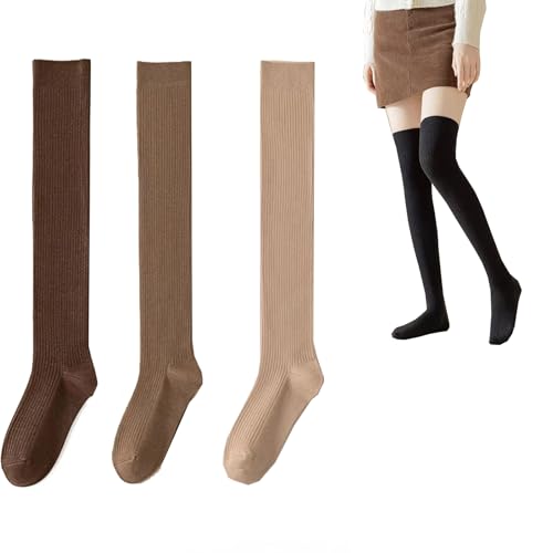 YUYANGDZI 3 Paar Overknees Strümpfe Woll für Damen, Thermo-Overknee-Socken, Oberschenkelhohe Socken, Lange Wärmere Kniestrümpfe (1 Paar Dunkelbraun + 1 Paar Khaki + 1 Paar Hellbraun) von YUYANGDZI