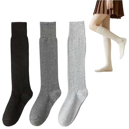 YUYANGDZI 3 Paar Warme Kniestrümpfe Damen aus Wolle, Bequeme Slouch Socks Thermosocken Stricksocken Wintersocken für Damen EU 39-42 (1 Paar Schwarz + 1 Paar Dunkelgrau + 1 Paar Hellgrau) von YUYANGDZI