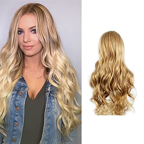 Gewellte Blonde Perücken für Frauen, Lange Lockige Frauen Halloween Party Cosplay Kostüm tägliche Perücke, Mittelscheitel, Mattblonde, Gewellte, Synthetische Perücke von YUYTE