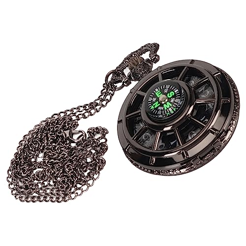 YUYTE Vintage Taschenuhr, Quarzwerk, Ausgehöhltes Zifferblatt, Kompass, Herren-Taschenuhr mit Kette, Schwarz von YUYTE