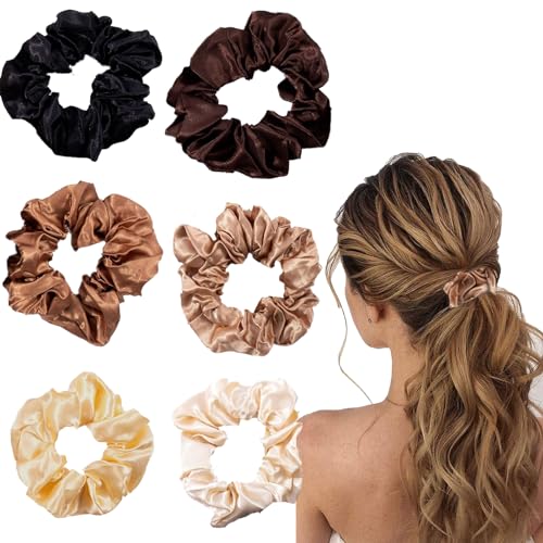 Seiden-Haargummis für Damen, Haarschmuck für Mädchen, Satin-Haargummis für Haare, weiche und seidige Haargummis für Frauen und Mädchen, weich, dehnbar und stabil, elastisch, Braun, 6 Stück von YUYUE-YY