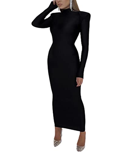 YUYUREAL Damen breite Schulter Bodycon Kleid Formal Langarm Mock Neck Glatt Tailliert Schulterpolster Maxi Party Kleid, Schwarz, Klein von YUYUREAL