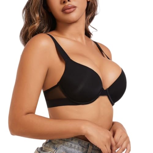 Frauen Push Up Fett Glättung T-Shirt BHS Lift Unterstützung Nahtlose Bügel Komfortable Alltag BH (75A,Schwarz) von YUYUTulips