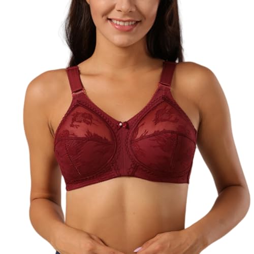 YUYUTulips Damen Bügelbandloser Baumwoll Spitzen Büstenhalter mit Vollabstützung Minimizer Bequemer Alltags BH ohne Polster in Übergrößen (85C,Burgunderrot) von YUYUTulips