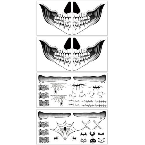 4 Blätter Halloween Tattoo Zombie Skelett Vampir Temporäre Tattoos Munden Spinnennetz Gesichts-Tattoo Aufkleber Gesicht Gruselig Halloween Make up Teufel Cosplay Gesichtstattoos Erwachsene Kinder von YUYWWAN