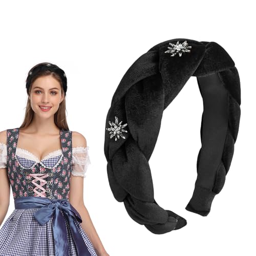 Haarreif Tracht Damen, Dirndl Haarreifen Vintage Geflochtener Stirnband für Damen, Haarreifen Oktoberfest mit Edelweiß, Trachten Haarschmuck Haarreif für Frauen Mädchen (Schwarz, 1) von YUYWWAN