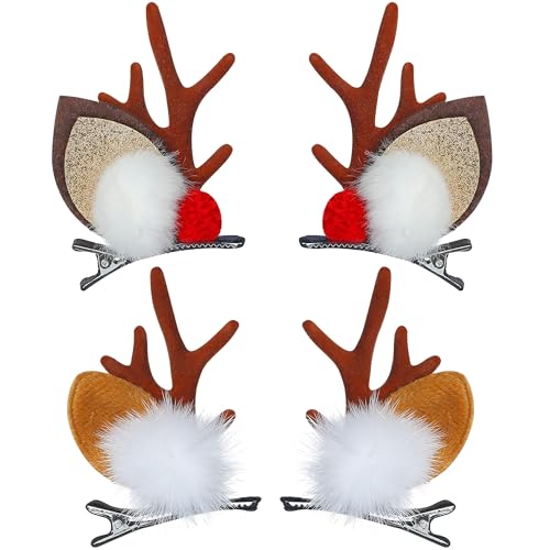 Haarspange Weihnachten, 2 Paar Weihnachtshaarspangen, Haarschmuck Weihnachten Niedlich Geweih Haarklammern Weihnachten für Mädchen Damen Party-Anziehgeschenke (Braun-D) von YUYWWAN