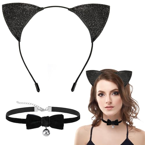 Katzenohren Haarreif Set 2 Stück, Schwarz Katzenohr Stirnband + Schleife Halskette mit Klingel, Niedlich Katzenohren Cosplay Set Fasching für Mädchen Damen Karneval Rollenspiel Accessoires von YUYWWAN