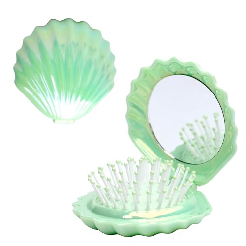 Muschelform Mini Haarbürste, Sommer Reise-Haarbürste mit Spiegel, Faltbare Tragbar Haarmassagekamm Kleiner Kamm, Klein Haarkamm Styling Werkzeuge für Mädchen und Frauen (Grün) von YUYWWAN