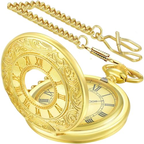 YUYWWAN Taschenuhr mit Kette Herren, Vintage Taschenuhren, Römische Ziffern Pocket Watch, Klassische Taschenuhr mit Taillenkette, Analog Taschen Uhr Vintage für Frauen Männer (Gold) von YUYWWAN