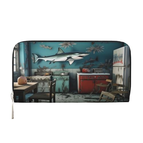 Geldbörse mit Geldklammer, stilvoll, für Herren und Damen, PU-Leder, mehrere Fächer, ideal für Bargeld und Karten. Der Hai im Hintergrund der alten Küche, Schwarz, Einheitsgröße von YVNKHKU