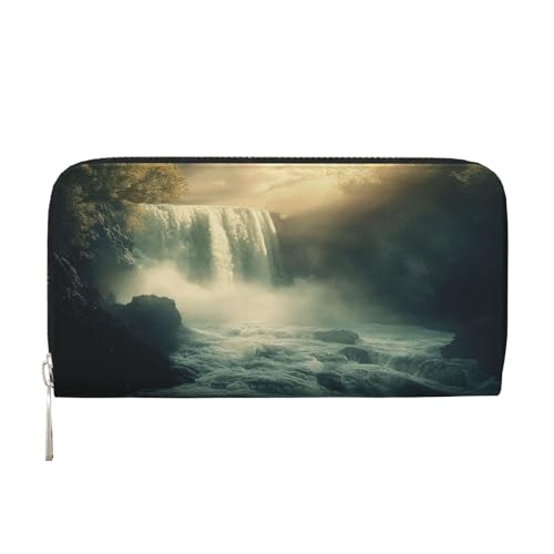 Geldbörse mit Geldscheinklammer für Herren und Damen, PU-Leder, mehrere Fächer, ideal für Bargeld und Karten, Wasserfälle und Nebel in einer Fantasiewelt, Schwarz, Einheitsgröße, Schwarz, One Size von YVNKHKU