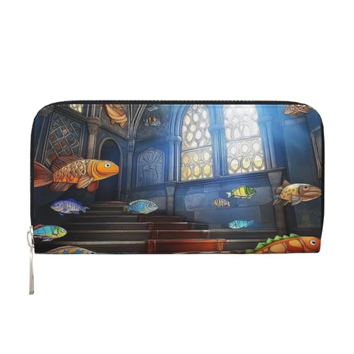 YVNKHKU Geldbörse mit Geldscheinklammer, stilvoll, für Herren und Damen, PU-Leder, mehrere Fächer, ideal für Bargeld und Karten, Unterwassertempel und Fische, Schwarz, Einheitsgröße von YVNKHKU