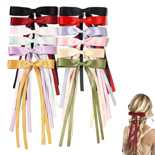Satin-Haarschleifen für Damen und Mädchen, Haarbänder, Schleife mit langem Schwanz, Metall-Clips, französische Haarspange, Zubehör (12 Mix) von YWAOAIJD