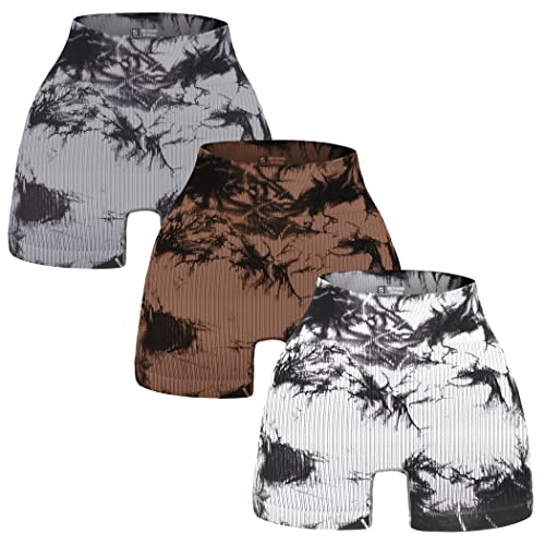 YWBIN 3-teilige gerippte Batik-Shorts für Damen, nahtlos, Fitnessstudio, Athletik, Yoga, hohe Taille, Braun/Grau/Weiß, Mittel YWBIN 3-teilige gerippte Batik-Shorts für Damen, nahtlos, Fitnessstudio, Athletik, Yoga, hohe Taille, Braun/Grau/Weiß, Mittel von YWBIN