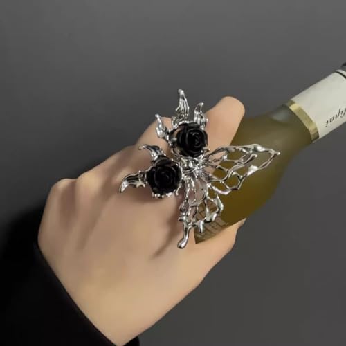 Punk übertriebene Schmetterlingsringe Vintage schwarze Blume Flügel Knöchel Ringe Gothic Rose hohl Schmetterling Statement verstellbar Vintage 925 Silber Schwarz Cocktail Rose Ringe für Frauen Party von YWBMCYHPY