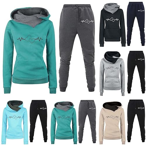 YWBleked Damen Trainingsanzüg Set 2 Teilig Warm mit Kapuze Sportswear Set Heartbeat Print Langarm Hoodie Lose Hosen Sportswear Damen Herbst Sportswear Set Sweatshirt Casual Langarm Set (A-2, L) von YWBleked