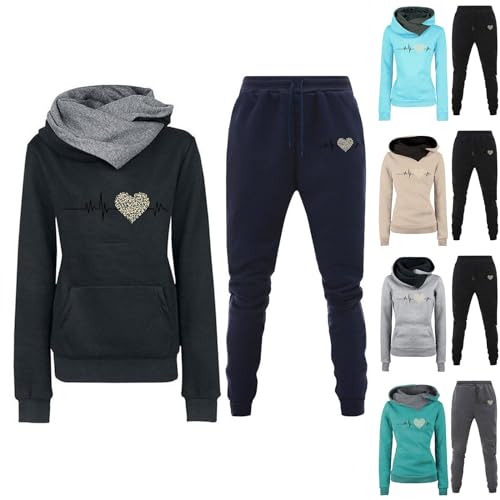 YWBleked Damen Trainingsanzüg Set 2 Teilig Warm mit Kapuze Sportswear Set Heartbeat Print Langarm Hoodie Lose Hosen Sportswear Damen Herbst Sportswear Set Sweatshirt Casual Langarm Set (B-1, S) von YWBleked