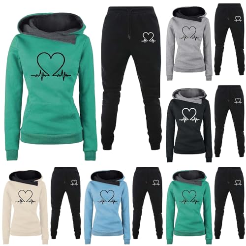 YWBleked Damen Trainingsanzüg Set 2 Teilig Warm mit Kapuze Sportswear Set Heartbeat Print Langarm Hoodie Lose Hosen Sportswear Damen Herbst Sportswear Set Sweatshirt Casual Langarm Set (D-2, XXL) von YWBleked