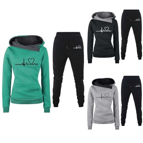 YWBleked Damen Trainingsanzüg Set 2 Teilig Warm mit Kapuze Sportswear Set Heartbeat Print Langarm Hoodie Lose Hosen Sportswear Damen Herbst Sportswear Set Sweatshirt Casual Langarm Set (F-2, M) von YWBleked