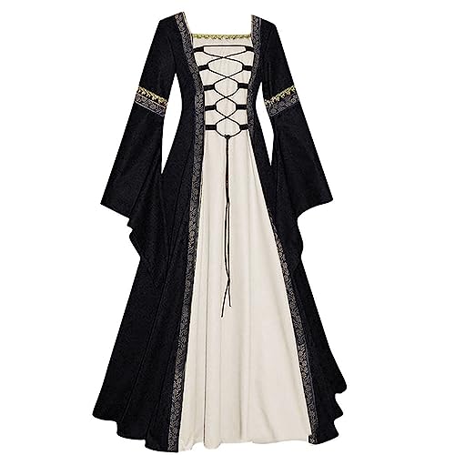 YWBleked Trompetenärmel Gotisch Maxikleid Gothic Viktorianisches Kleid Halloween Kleid Kleidung Damen Rokoko Ballkleid Trompetenärmel Mittelalterkleid von YWBleked