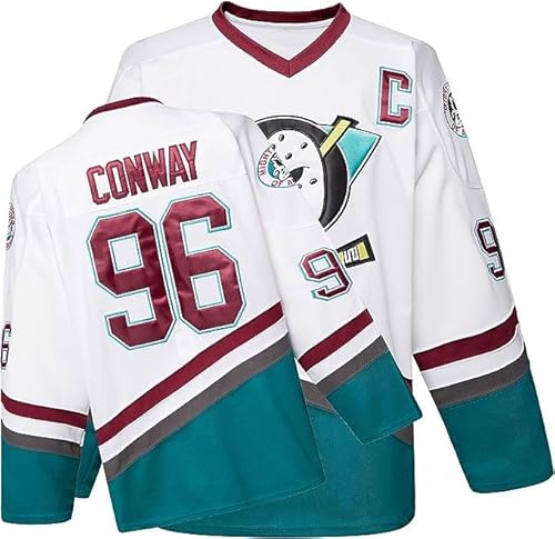 Mighty Ducks Jersey Film Eishockey Trikot S-XXXL Charlie Conway #96 Adam Banks #99, 90er Hip Hop Kleidung für Party, 96#Weiß, XL von YWIES