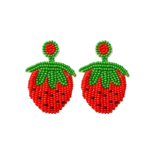 Aesthetic Ohrringe Strandurlaub-Stil, böhmische Persönlichkeit, übertriebene High-End-Ohrringe mit coolen Früchten, Erdbeeren Reisperlen Ohrringe Mädchen Klebend (Red, One Size) von YWJewly