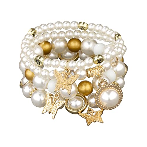 Armbänder für Herren 4pcs europäische amerikanische Perlen-weibliche Handschnur-Perlen-Schmetterlings-elastisches Armband-mehrschichtiges Perlen-Anhänger-Armband-Frauenzubehör (White-A, One Size) von YWJewly