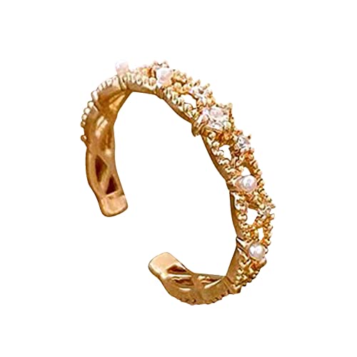 Edelstahl Ringe Damen Gold Goldperle Zirkon Ring für Frauen Openwork Design offener Ring komplizierte geometrische Form Rebenform verstellbare Ringöffnungsgröße Rucksack Der Ringe (f-Gold, One Size) von YWJewly