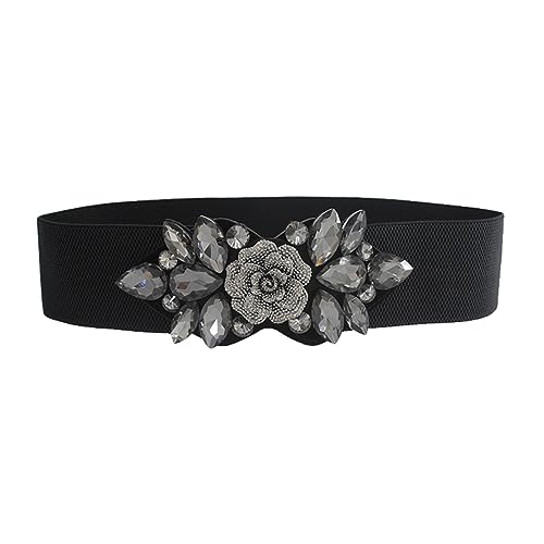 Ein hohler langer Bund für Damen Elastischer, breiter Damen-Clinch-Gürtel mit floraler Schnalle Strasssteinen für das tägliche Tragen bei Hochzeiten Partys Perlenkette (Black, One Size) von YWJewly