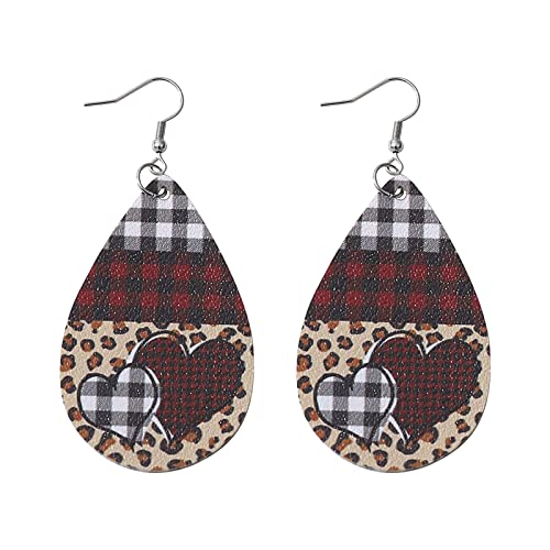 Klipp Ohrringe Valentinstag Ohrringe Leopardenmuster Plaid Patchwork Liebe Ohrringe Doppelseitige Pu Ohrringe Tragen Dekorative Mädchen Geschenke Wachsperlen Ohrringe (Red, One Size) von YWJewly