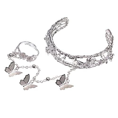 Konfirmation Armband Klassischer antiker Armband-Ring Schmetterlings-Armband-Ring-Silber Offenes Armband Verstellbare silberne Linien Wickelring Lederarmband Jungen Verstellbar (Silver, One Size) von YWJewly