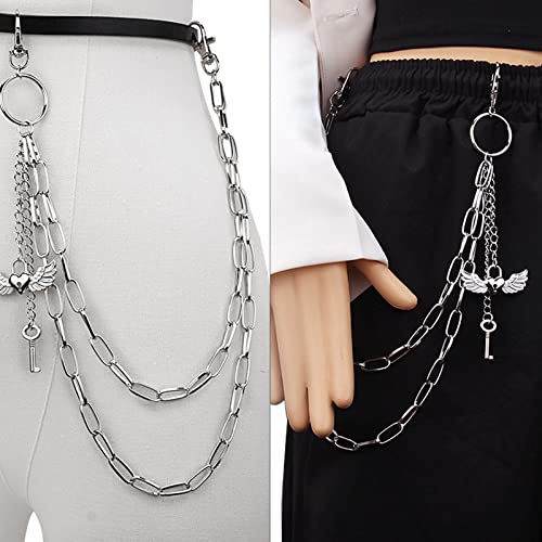 Layered Taillen Kette News Fashion Metal Love Wing Anhänger Hose Kette Layer Vintage Key Body Chain Smaragd Halskette (Silver-5, One Size) von YWJewly
