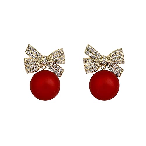Ohrringe Schmuck Geschenk Rote Ohrringe Perlen-Mode-Bogen simulierte Bankett-Gold-Ohrringe überzogener Mädchen-Charme Ohrringe Mit Flachem Rücken (red, One Size) von YWJewly