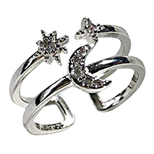 Stapelbares Daumenöffnungsring-Set für Der Wind Star Moon Ring Hipster Minority Light Luxury Star Moon Double Layer Mund Zeigefinger Mode verstellbare Fingerringe Geschenk Beziehung (Silver, One Size) von YWJewly