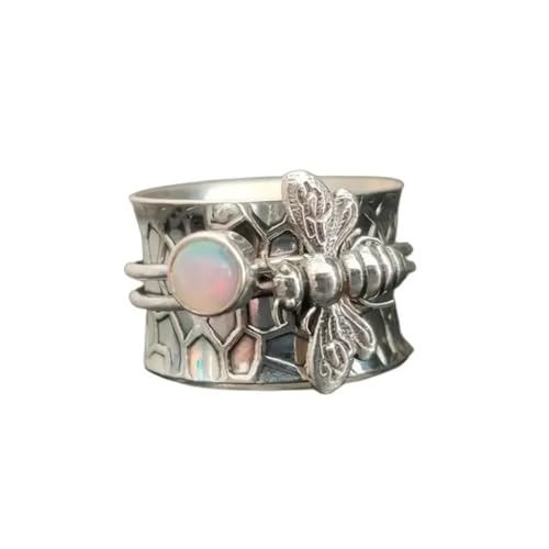 YWJewly Angst-Ring Vintage Weißer Zirkon Ring Handgemacht Böhmische Tiergravur Vintage Oval Naturschmuck Geschenk Damen Größen 6 10 Ringe 46 (Silver, A) von YWJewly