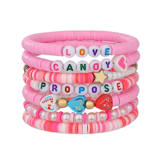 YWJewly Armband Schmuck Geschenke für Frauen Mädchen Buntes Valentinstag-Perlen-Buchstaben-Perlen-Elastik-Set, Dekoration, Premium-Geschenk Armband Uhr Herren (3-Pink, One Size) von YWJewly