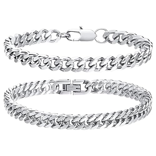 YWJewly Armband Wasserfest 2PCS Herren Armbänder Curb Chunky Chain Armband Silber Handketten Edelstahl Hip Hop Rapper Unisex Schmuck Digitale Armbanduhren Herren (Silver #1, One Size) von YWJewly