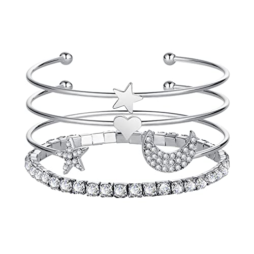 YWJewly Armreif Ein Set Fashion Diamond Star Moon Open Armband Schmuckset Charm Armband Geburtstagsüberraschungsgeschenk für Frau Mädchen Individuelles Perlenarmband Für Männer (Silver, One Size) von YWJewly