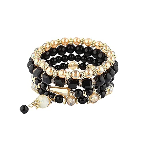 YWJewly Armreifen Oberarm Stapelbare Perlenarmbänder Damen Herren Stretch Multilayer Armband Set Mehrfarbiger Schmuck Damenuhr Analogquarz Mit Lederarmband (Black, One Size) von YWJewly