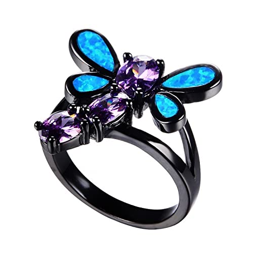 YWJewly Damen-Eheringe and geschnittenem Zirkon Mischfarben-Schmetterlings-Opal-Kristallring Kreativer einfacher Ring Ringmappe Ringe (Blue, 7) von YWJewly
